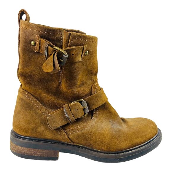 J Crew Boots Womens 5.5 Brown Suede Shoes Biker Moto Buckle Engineer Boho Slouch - Picture 1 of 7